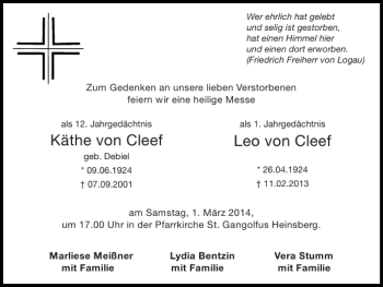 Traueranzeige von Käthe von Cleef Leo von Cleef  von Super Sonntag / Super Mittwoch