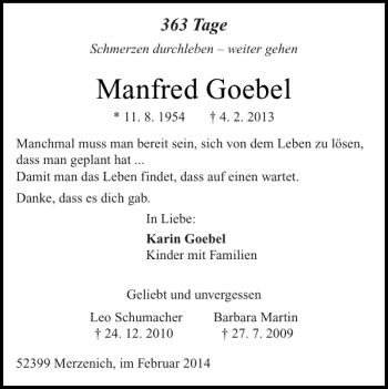 Traueranzeige von Manfred Goebel von Super Sonntag / Super Mittwoch
