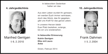 Traueranzeige von Manfred Gentgen Frank Dahmen von Super Sonntag / Super Mittwoch