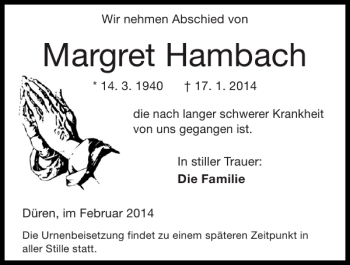 Traueranzeige von Margret Hambach von Super Sonntag / Super Mittwoch