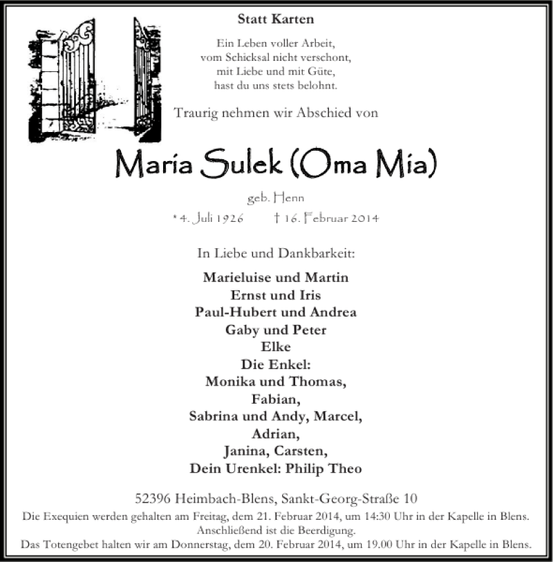  Traueranzeige für Maria Sulek (Oma Mia) vom 18.02.2014 aus Aachener Zeitung / Aachener Nachrichten