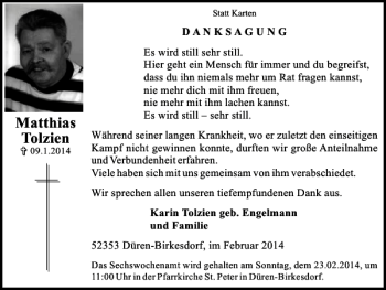 Traueranzeige von Matthias Tolzien von Super Sonntag / Super Mittwoch