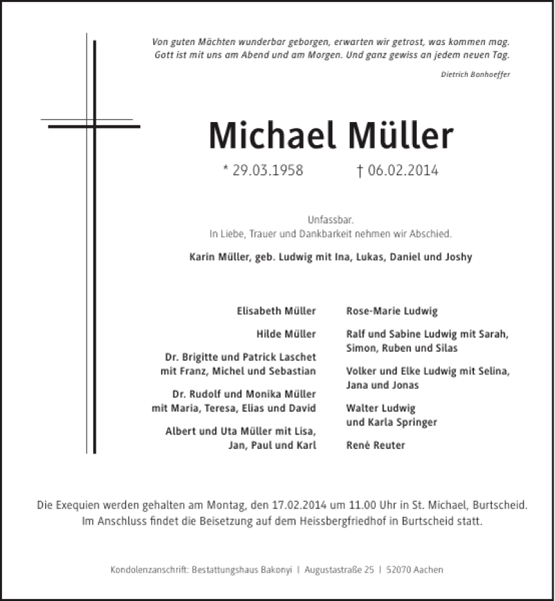  Traueranzeige für Michael Müller vom 12.02.2014 aus Aachener Zeitung / Aachener Nachrichten