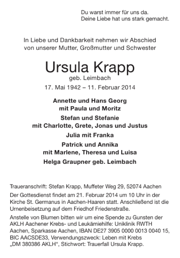  Traueranzeige für Ursula Krapp vom 15.02.2014 aus Aachener Zeitung / Aachener Nachrichten