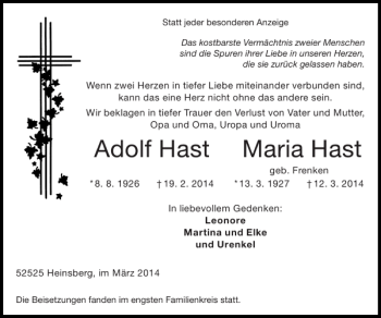 Traueranzeige von Adolf Hast Maria Hast von Super Sonntag / Super Mittwoch