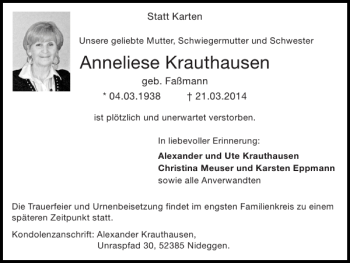 Traueranzeige von Anneliese Krauthausen von Super Sonntag / Super Mittwoch