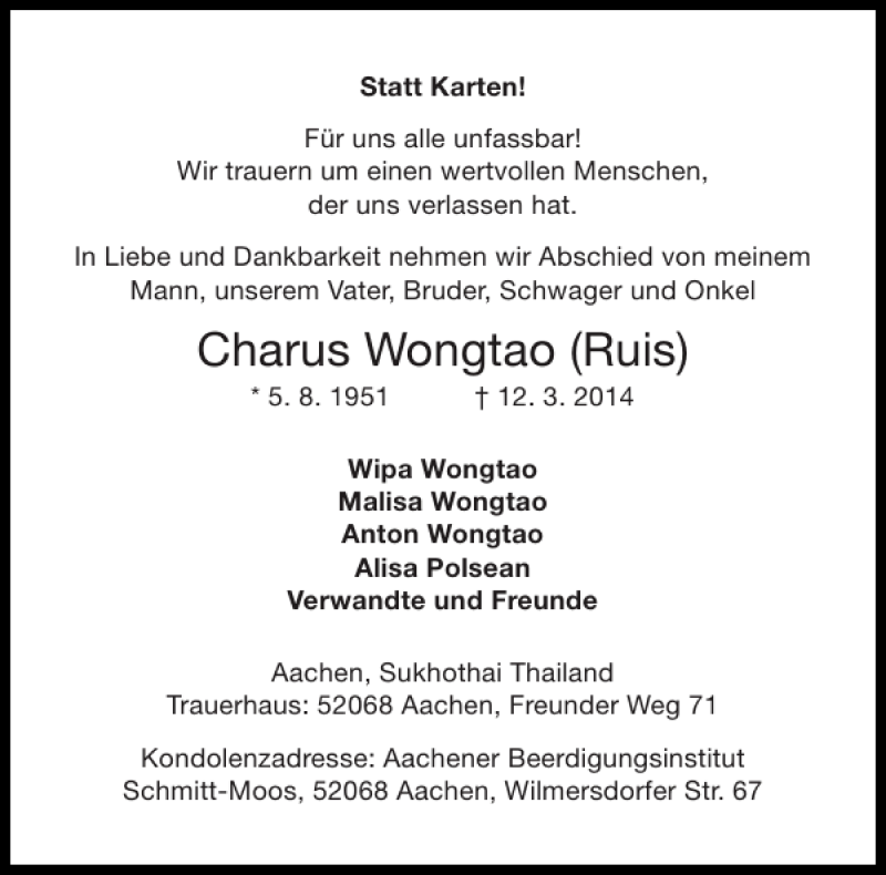  Traueranzeige für Charus Wongtao Ruis vom 21.03.2014 aus Aachener Zeitung / Aachener Nachrichten