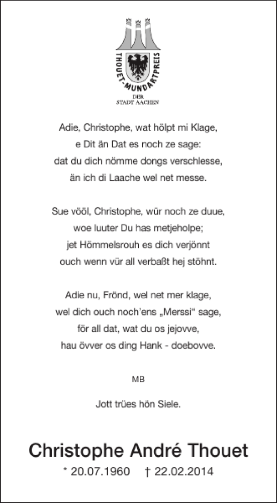  Traueranzeige für Christophe André Thouet vom 01.03.2014 aus Aachener Zeitung / Aachener Nachrichten