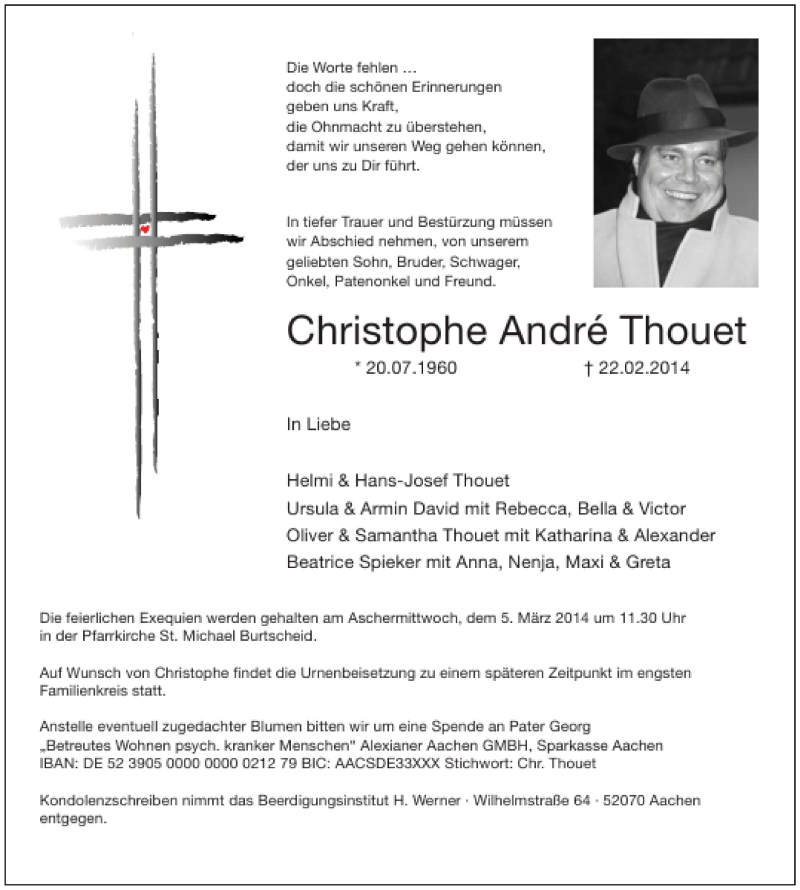  Traueranzeige für Christophe André Thouet vom 01.03.2014 aus Aachener Zeitung / Aachener Nachrichten