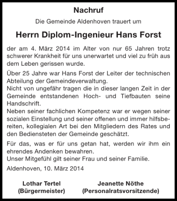 Traueranzeige von Diplom-Ingenieur Hans Forst von Super Sonntag / Super Mittwoch