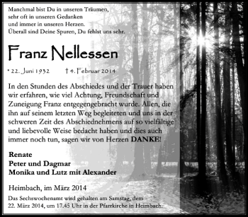 Traueranzeige von Fr Franz anz Ne Nellessen llessen  von Super Sonntag / Super Mittwoch