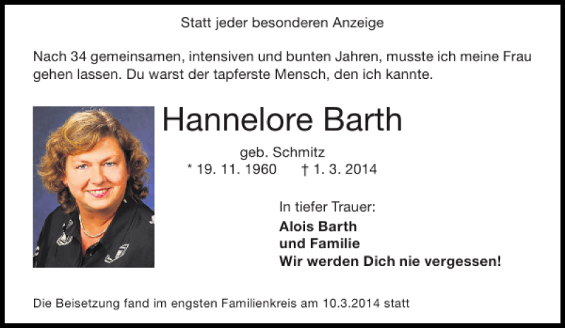  Traueranzeige für Hannelore Barth vom 15.03.2014 aus Aachener Zeitung / Aachener Nachrichten
