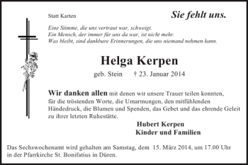 Traueranzeige von Helga Kerpen von Super Sonntag / Super Mittwoch