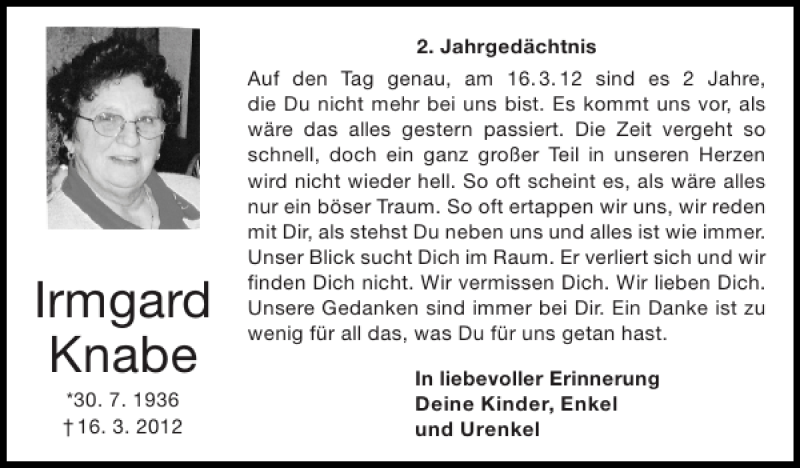  Traueranzeige für Irmgard Knabe vom 16.03.2014 aus Super Sonntag / Super Mittwoch