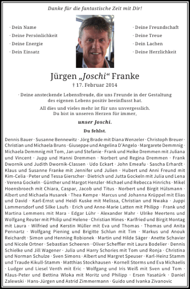  Traueranzeige für Jürgen Franke vom 08.03.2014 aus Aachener Zeitung / Aachener Nachrichten