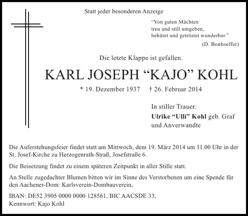  Traueranzeige für KARL JOSEPH 'KAJO' KOHL vom 08.03.2014 aus Aachener Zeitung / Aachener Nachrichten