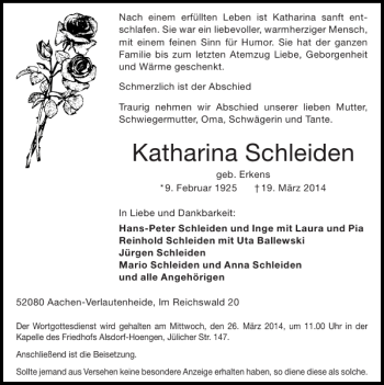 Traueranzeige von Katharina Schleiden von Super Sonntag / Super Mittwoch
