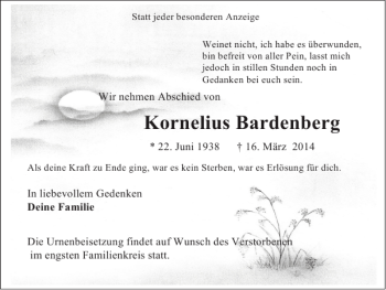 Traueranzeige von Kornelius Bardenberg von Super Sonntag / Super Mittwoch