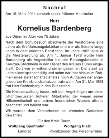 Traueranzeige von Kornelius Bardenberg von Super Sonntag / Super Mittwoch