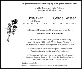 Traueranzeige von Lucia Wahl Gerda Kaster von Super Sonntag / Super Mittwoch