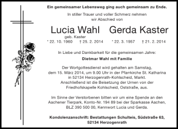 Traueranzeige von Lucia Wahl Gerda Kaster von Aachener Zeitung / Aachener Nachrichten