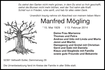 Traueranzeige von Manfred Mögling von Super Sonntag / Super Mittwoch