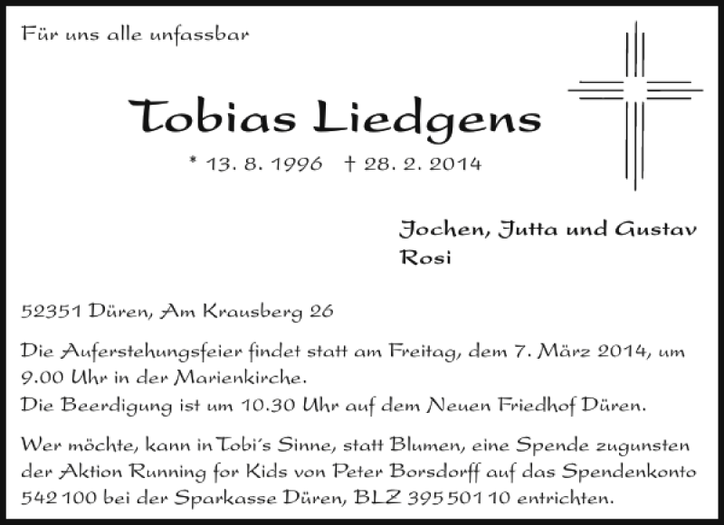  Traueranzeige für Tobias Liedgens vom 05.03.2014 aus Aachener Zeitung / Aachener Nachrichten