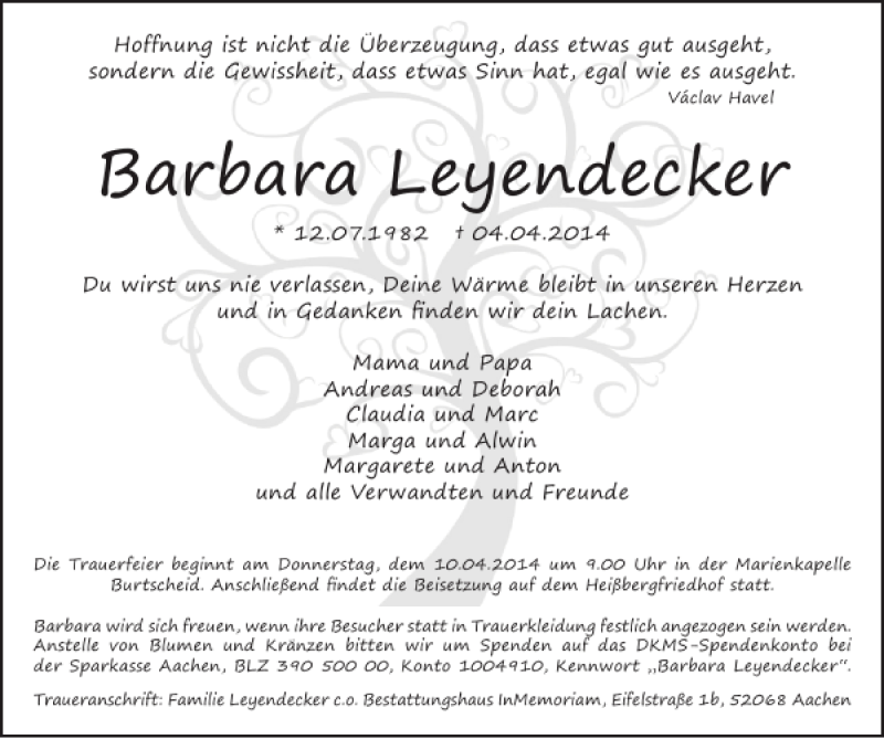  Traueranzeige für Barbara Leyendecker vom 09.04.2014 aus Aachener Zeitung / Aachener Nachrichten