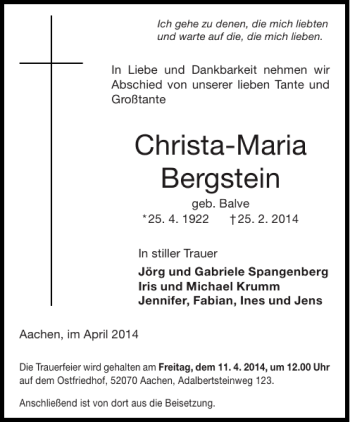 Traueranzeige von Christa-Maria Bergstein von Aachener Zeitung / Aachener Nachrichten