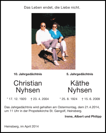 Traueranzeige von Christian Nyhsen Käthe Nyhsen von Super Sonntag / Super Mittwoch