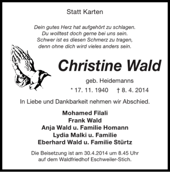 Traueranzeige von Christine Wald von Super Sonntag / Super Mittwoch
