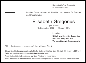 Traueranzeige von Elisabeth Gregorius von Aachener Zeitung / Aachener Nachrichten