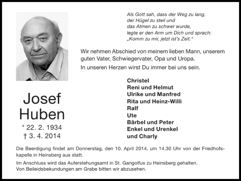  Traueranzeige für Josef Huben vom 06.04.2014 aus Super Sonntag / Super Mittwoch