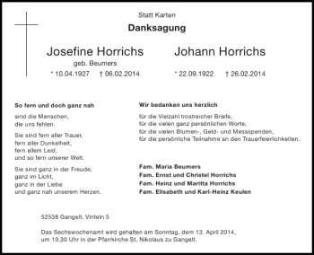 Traueranzeige von Josefine Horrichs Johann Horrichs von Super Sonntag / Super Mittwoch