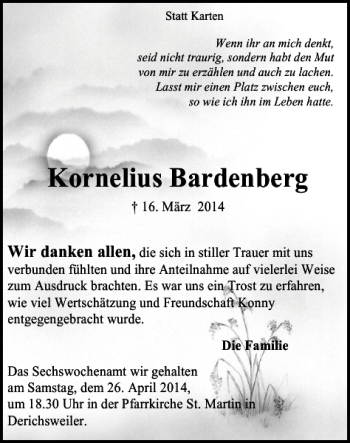 Traueranzeige von Kornelius Bardenberg von Super Sonntag / Super Mittwoch