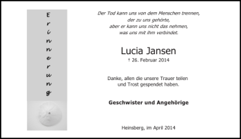 Traueranzeige von Lucia Jansen von Aachener Zeitung / Aachener Nachrichten