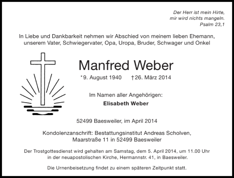  Traueranzeige für Manfred Weber vom 02.04.2014 aus Super Sonntag / Super Mittwoch