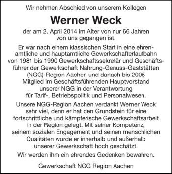 Traueranzeige von Werner Weck von Super Sonntag / Super Mittwoch