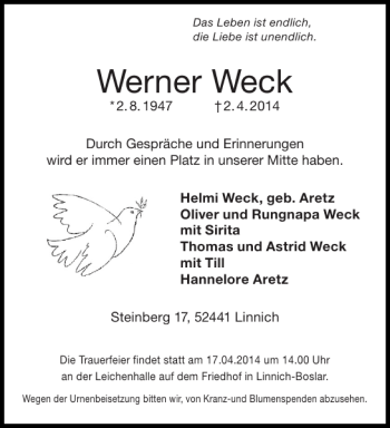 Traueranzeige von Werner Weck von Aachener Zeitung / Aachener Nachrichten