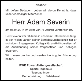 Traueranzeige von Adam Severin von Aachener Zeitung / Aachener Nachrichten