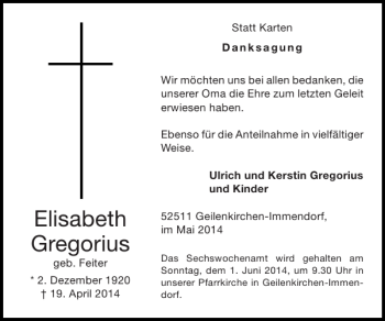 Traueranzeige von Elisabeth Gregorius von Super Sonntag / Super Mittwoch