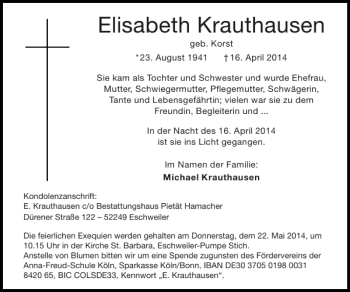 Traueranzeige von Elisabeth Krauthausen von Super Sonntag / Super Mittwoch