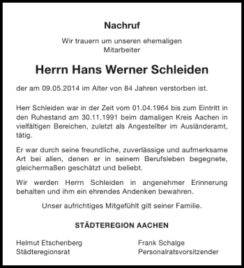 Traueranzeige von Hans Werner Schleiden von Aachener Zeitung / Aachener Nachrichten