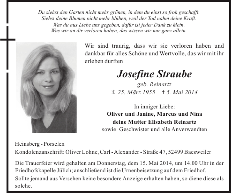  Traueranzeige für Josefine Straube vom 11.05.2014 aus Super Sonntag / Super Mittwoch