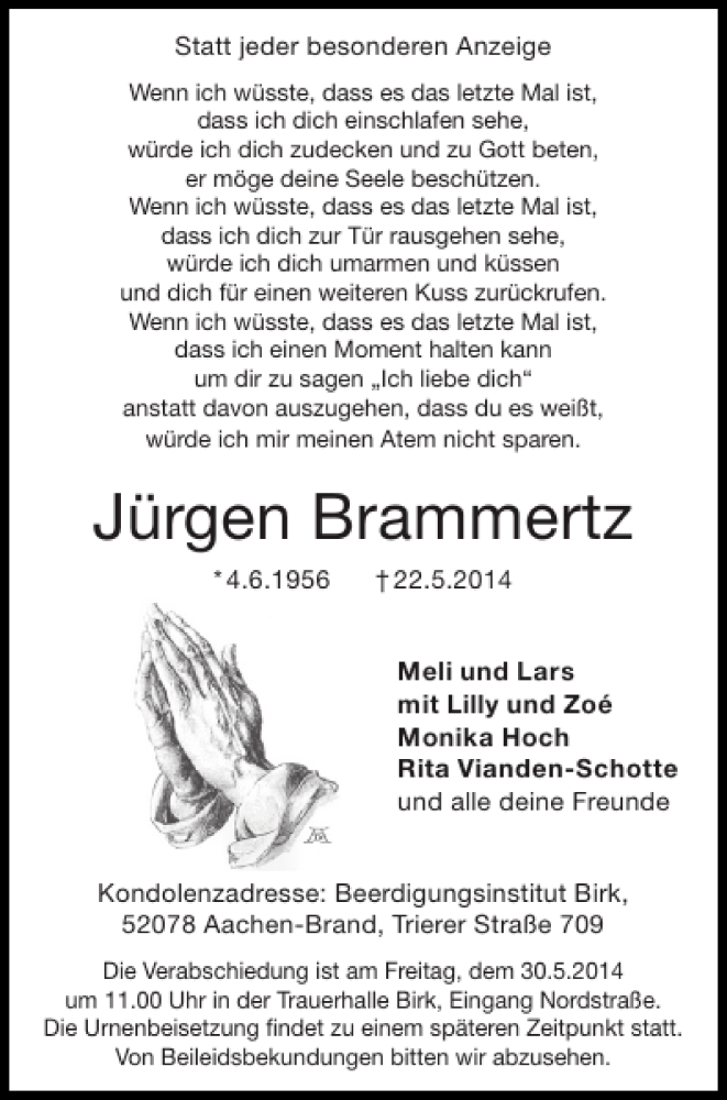  Traueranzeige für Jürgen Brammertz vom 28.05.2014 aus Super Sonntag / Super Mittwoch