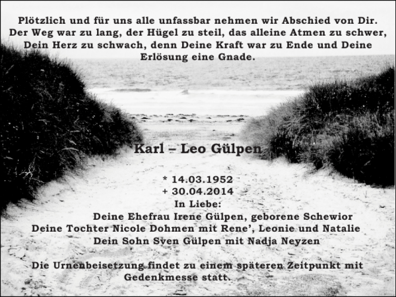  Traueranzeige für Karl Leo Gülpen vom 04.05.2014 aus Super Sonntag / Super Mittwoch