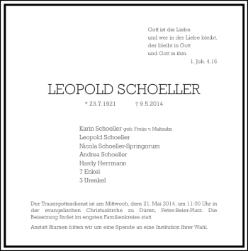 Traueranzeige von LEOPOLD SCHOELLER von Aachener Zeitung / Aachener Nachrichten
