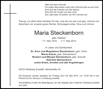 Traueranzeige von Maria Steckenborn von Aachener Zeitung / Aachener Nachrichten