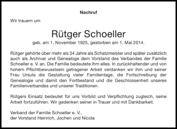 Traueranzeige von Rütger Schoeller von Aachener Zeitung / Aachener Nachrichten