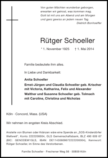 Traueranzeige von Rütger Schoeller von Super Sonntag / Super Mittwoch